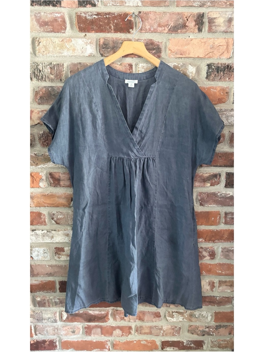 Sundance 100% Linen Gray Blue Babydoll Short Sleeve Casual Dress, M